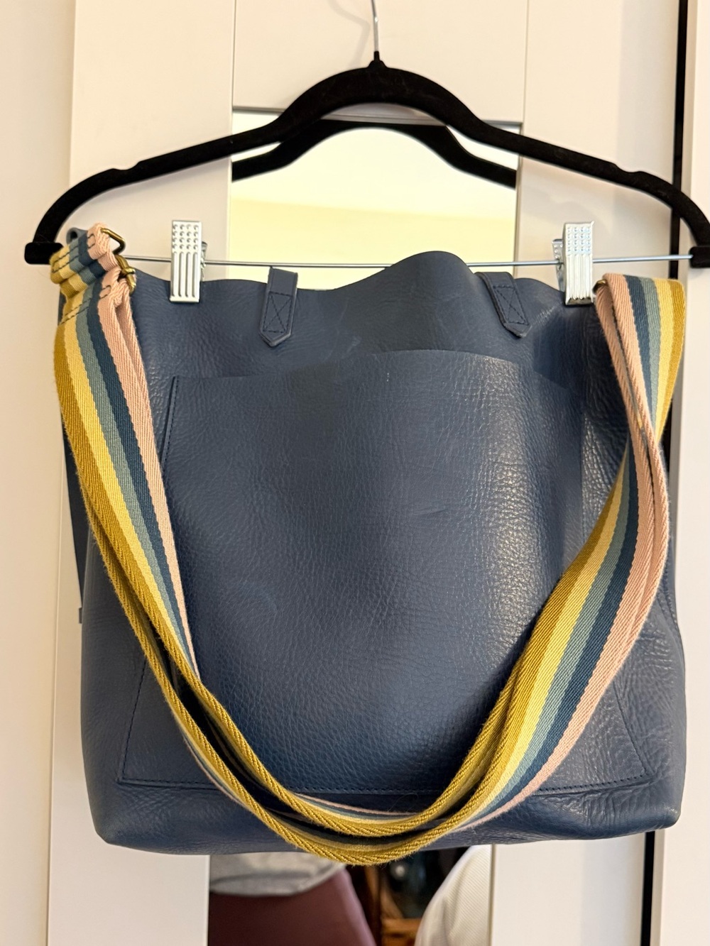 Madewell Blue Leather Tote with Multicolor Striped Strap